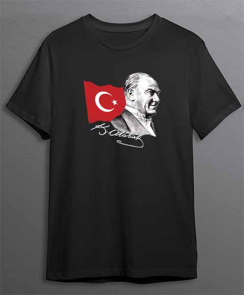 ATATÜRK BAYRAK VE İMZA SİYAH TİŞÖRT